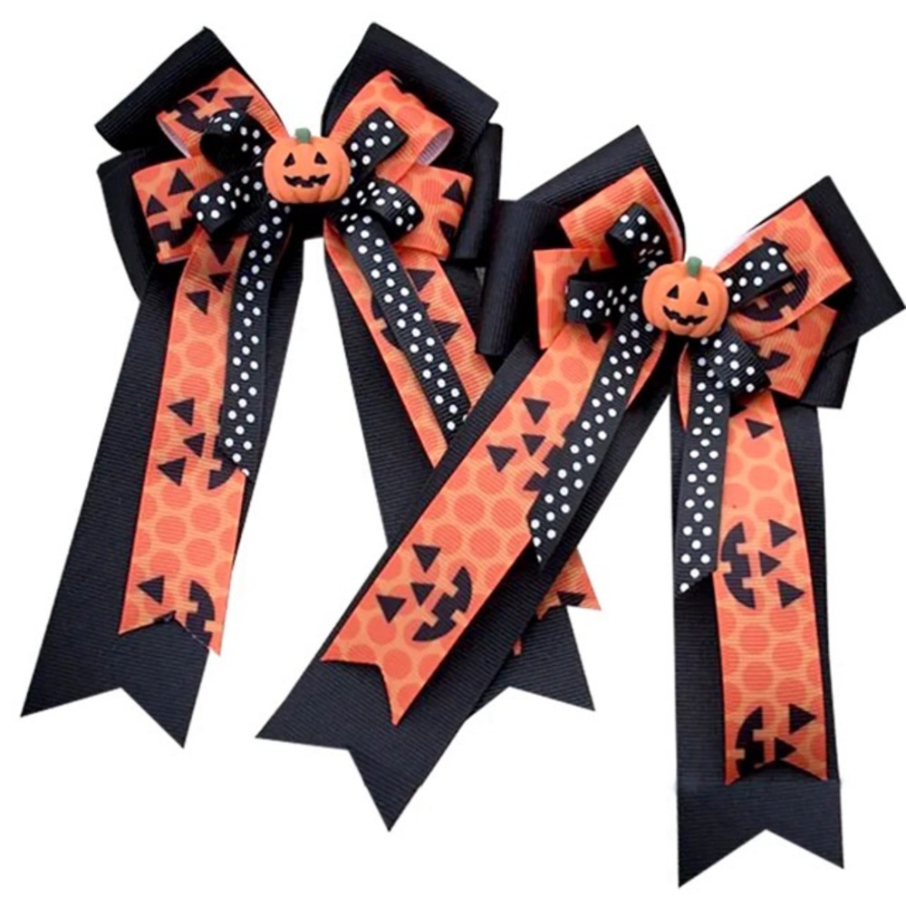 Pumpkin Halloween Ribbon Hair Bows Tassel Little Girls Set of 2 Orange & Black
